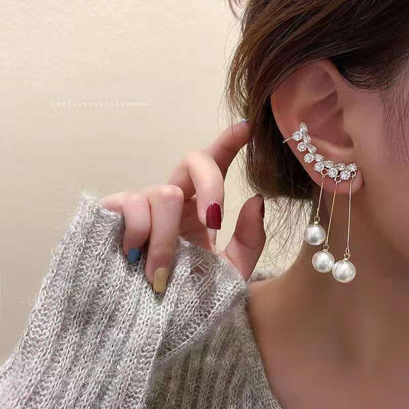 Diamond Tassel Pearl Ear Clip Non-Piercing Earrings