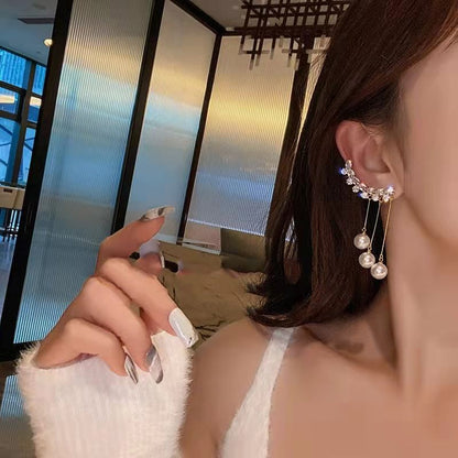 Diamond Tassel Pearl Ear Clip Non-Piercing Earrings